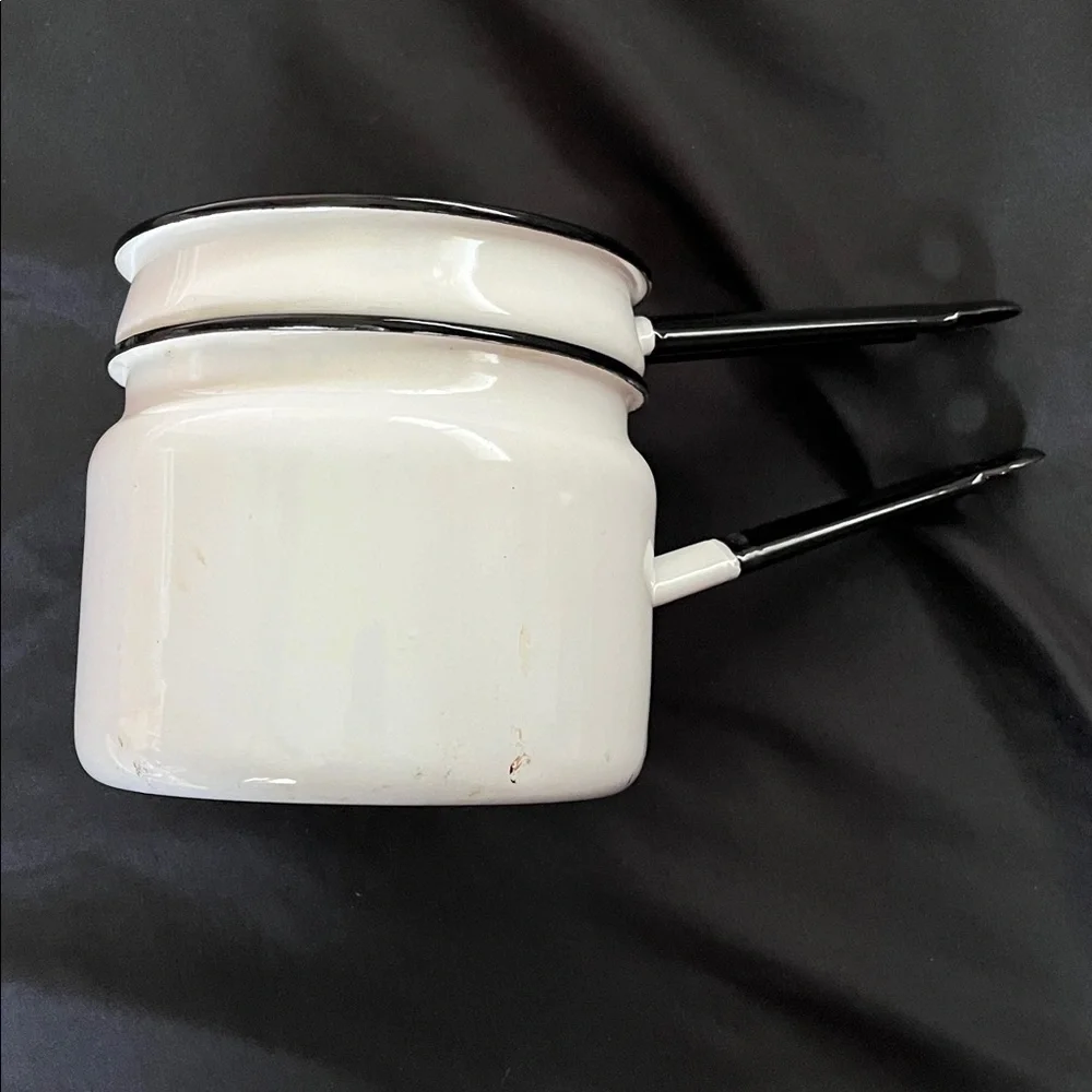 Vtg White W/Black Trim Enamelware Double Boiler Farmhouse Chic *NO LID*